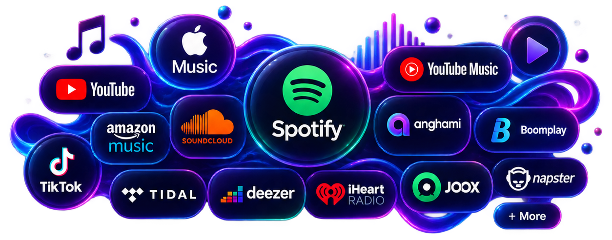 Digital collage of music streaming app logos, including Spotify, Apple Music, YouTube, YouTube Music, Amazon Music, SoundCloud, TikTok, Tidal, Deezer, iHeart Radio, Napster, JOOX, Boomplay, Anghami, and others, with neon purple and blue swirling background.