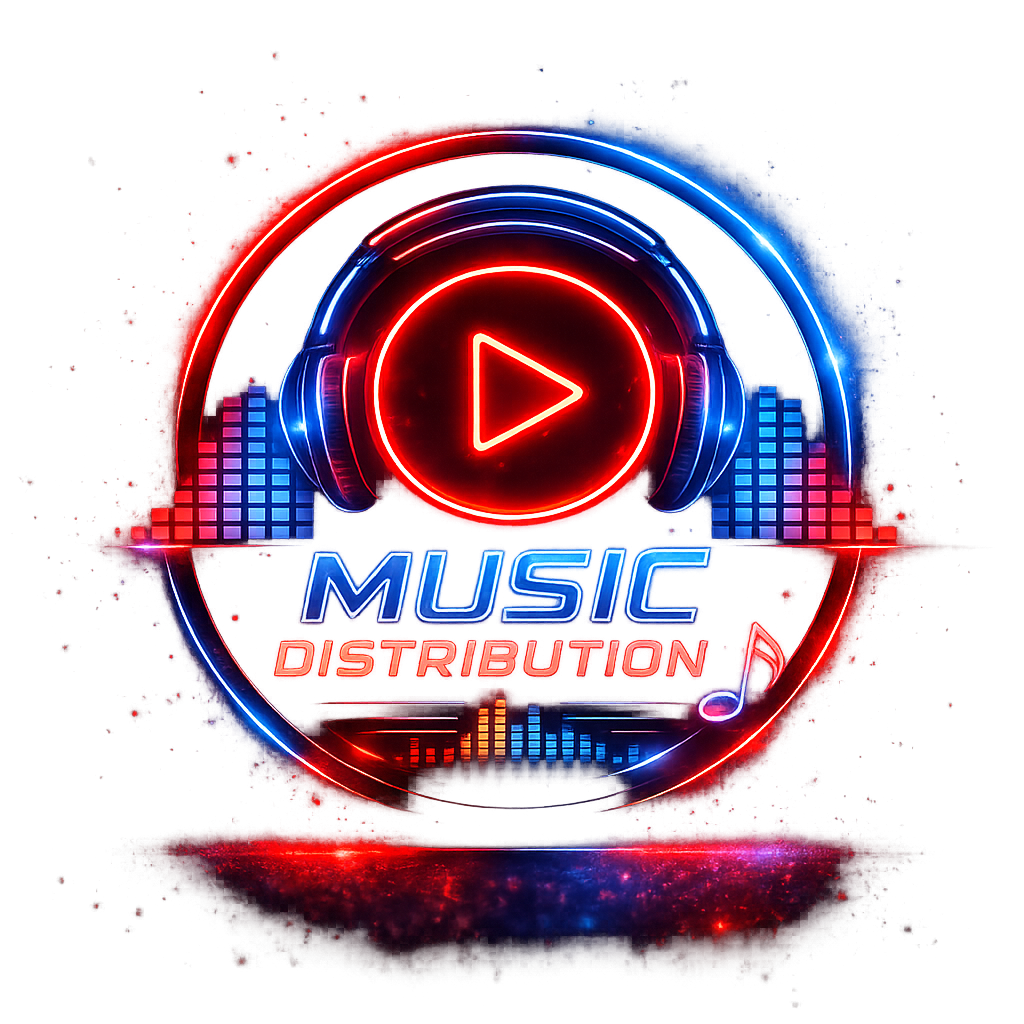 Neon digital logo for music distribution featuring a red play button inside headphones, surrounded by colorful sound wave graphics and the words 'MUSIC DISTRIBUTION' in bright blue and red text.