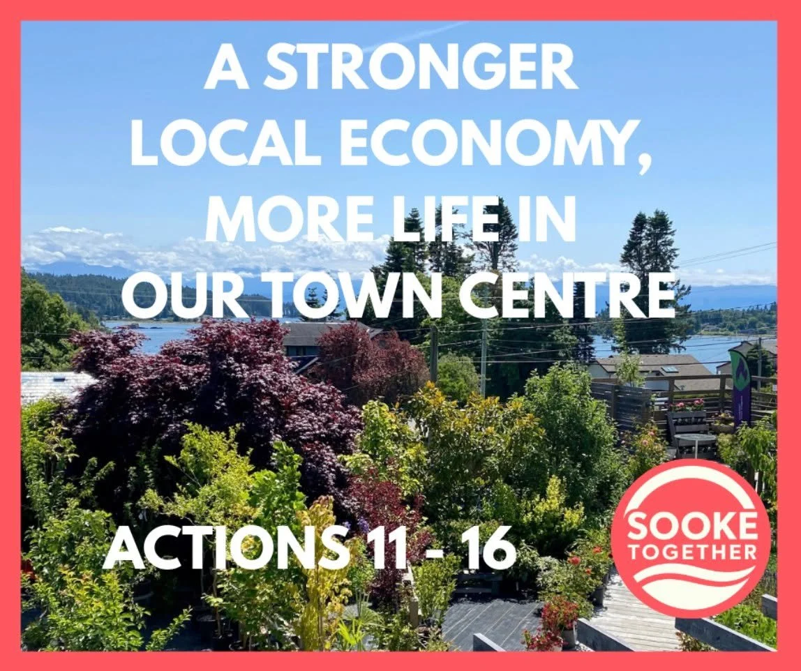 Community Economic Development: Actions 11 &ndash; 15 

11. Grow our commercial tax base and bring services closer to home.
Pursue commercial development that fits Sooke - including mixed-use development, accommodation, tourism businesses, shops and 
