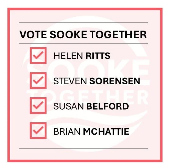 A ballot paper titled "Vote Sooke Together" with four names listed: Helen Ritts, Steven Sorensen, Susan Belford, and Brian McHattie. Each name has a red checkmark next to it.