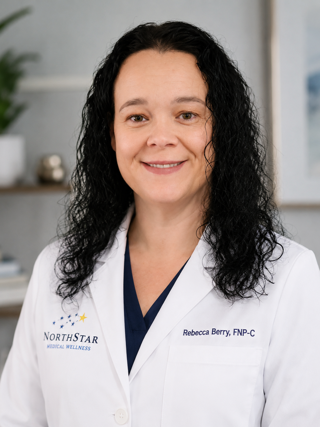 A woman with curly black hair wearing a white lab coat with NorthStar Medical Wellness logo and her name Rebecca Berry, FNP-C embroidered on it, smiling in a medical office.