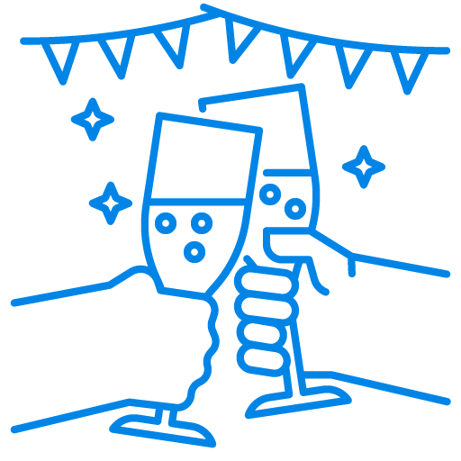 No more what-ifs icon, TIPS Financial Services line drawing of two hands clinking glasses of champagne with decorative bunting above.
