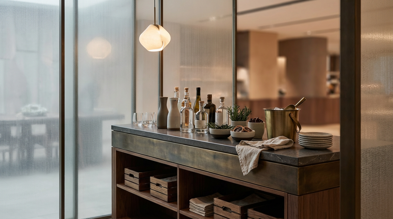 A modern sideboard with bottles, bowls, and glasses on top, in a warmly lit room with glass walls and an open dining area in the background.