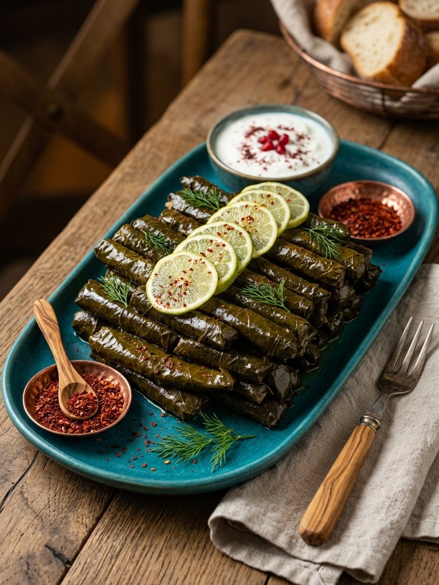 A platter of stuffed grape leaves garnished with lemon slices and herbs, served with bowls of yogurt and red pepper flakes, on a rustic wooden table.