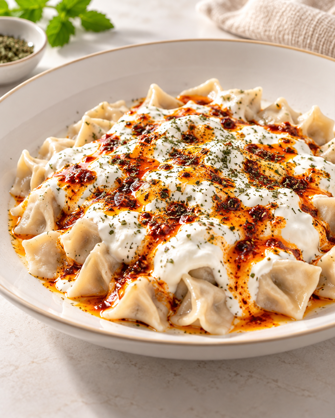 A bowl of dumplings topped with sour cream, spicy chili oil, and sprinkled herbs on a white plate.