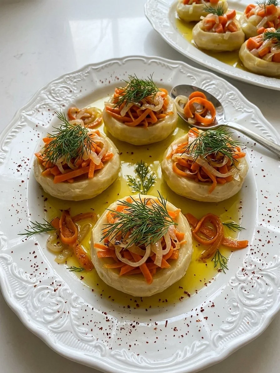 Stuffed mushrooms topped with shredded carrots, onions, and herbs, drizzled with olive oil on a white decorative plate.