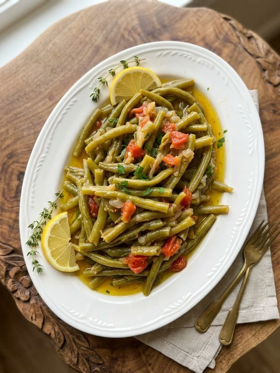 Plate of green beans with chopped tomatoes and lemon slices, garnished with herbs, served on a white oval plate with a fork and knife on a beige napkin placed on a wooden table.
