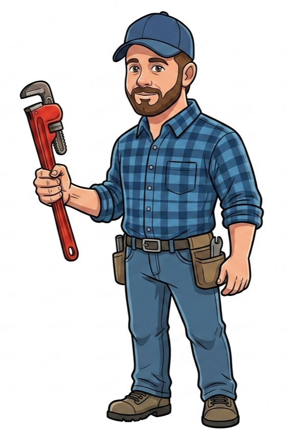Cartoon of a man in a baseball cap and plaid shirt holding a large pipe wrench.
