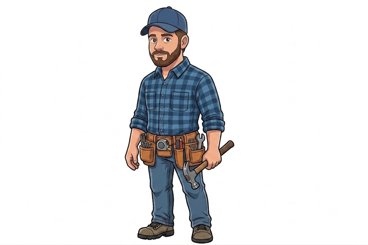 Cartoon illustration of a man wearing a blue cap, plaid shirt, jeans, and work boots, holding a hammer, with a tool belt around his waist.