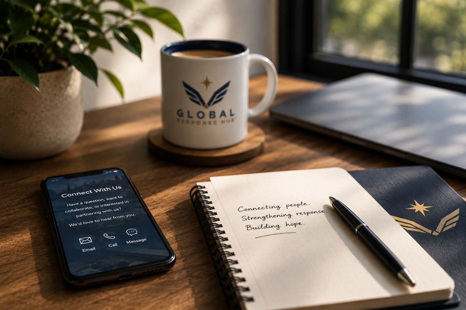 Desk with coffee mug labeled 'Global Response Hub', smartphone displaying 'Connect With Us' options, open notebook with handwritten notes 'Connecting people. Strengthening response. Building hope.', closed laptop, pen, and potted plant near window.