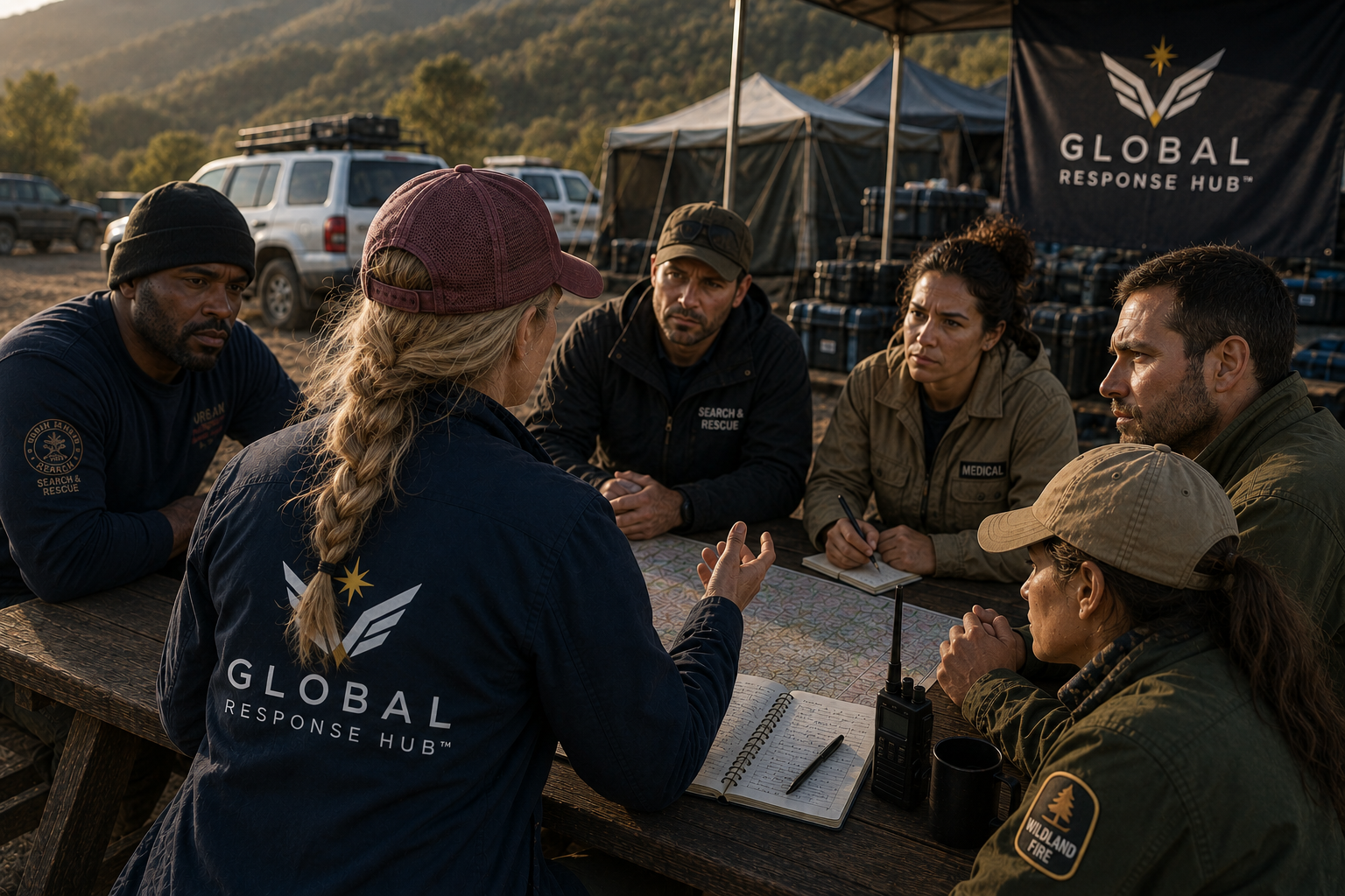 A group of six emergency responders, including medical and search & rescue personnel, having a discussion around a wooden table outdoors with vehicles and tents in the background, during sunset.