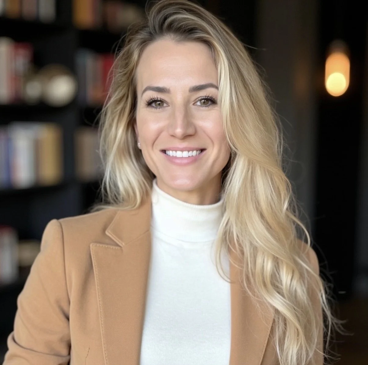 A woman with long blonde hair smiling at the camera, wearing a tan blazer over a white turtleneck, standing in front of a dark background with bookshelves.