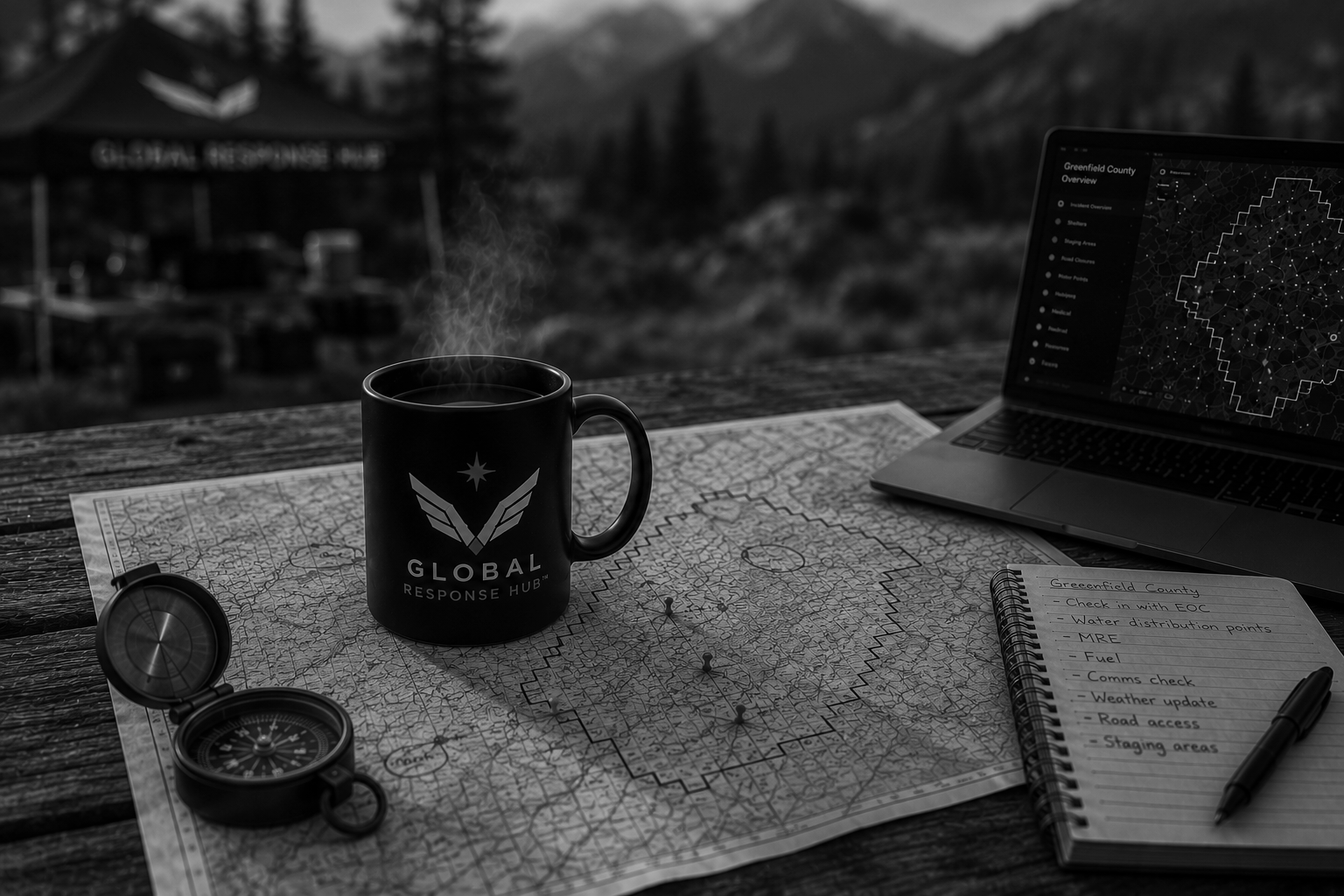 Outdoor workspace with a map, a compass, a coffee mug labeled 'Global Response Hub', a laptop showing a map, a notebook with a checklist, and a pen, set against a mountainous landscape.