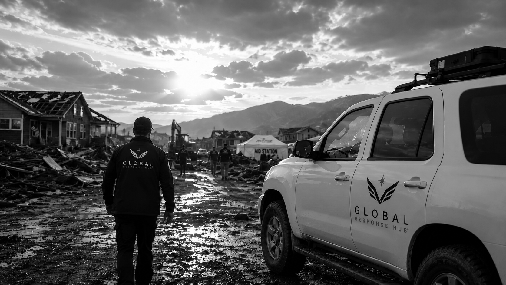 A black and white photo showing relief workers in a disaster area. A person in a jacket with 'Global Response Hub' on the back walks toward a group of workers near an aid station. Debris and damaged houses are visible, with mountains in the background, during sunset or sunrise.