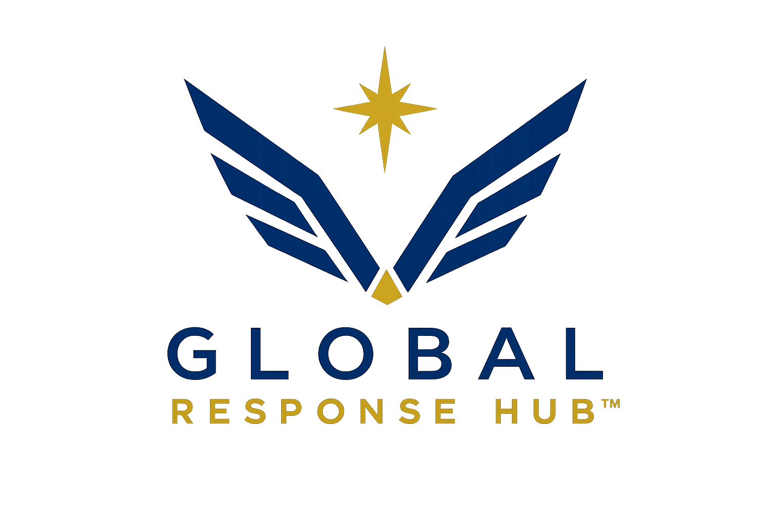 Logo of Global Response Hub featuring a gold star, blue wings, and the text 'GLOBAL RESPONSE HUB' in blue and gold.