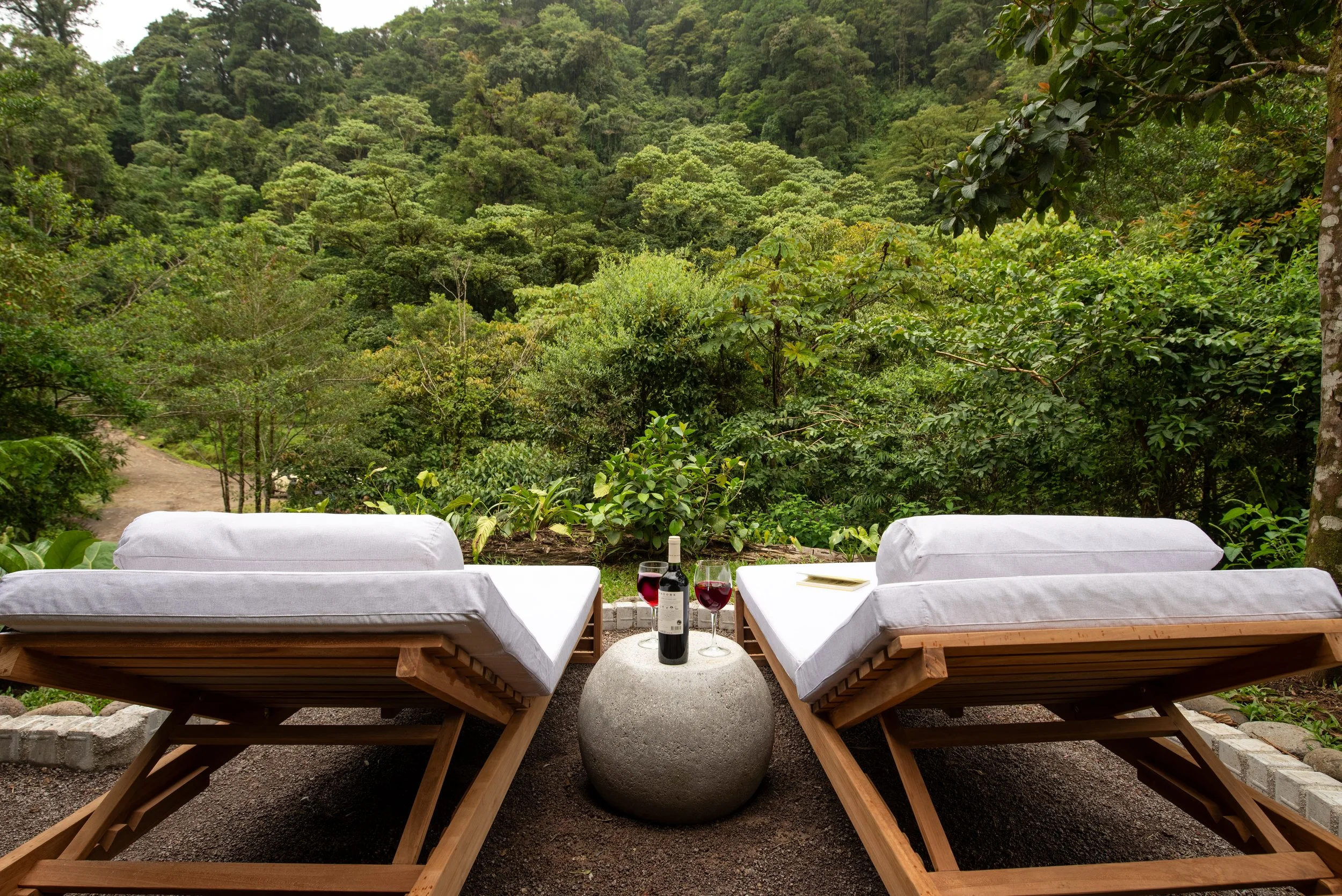 Outdoor patio with two wooden lounge chairs covered in white cushions facing a lush green forest landscape. Between the chairs, there is a small round table with a bottle of red wine, two glasses filled with red wine, and a closed book. The scene sug