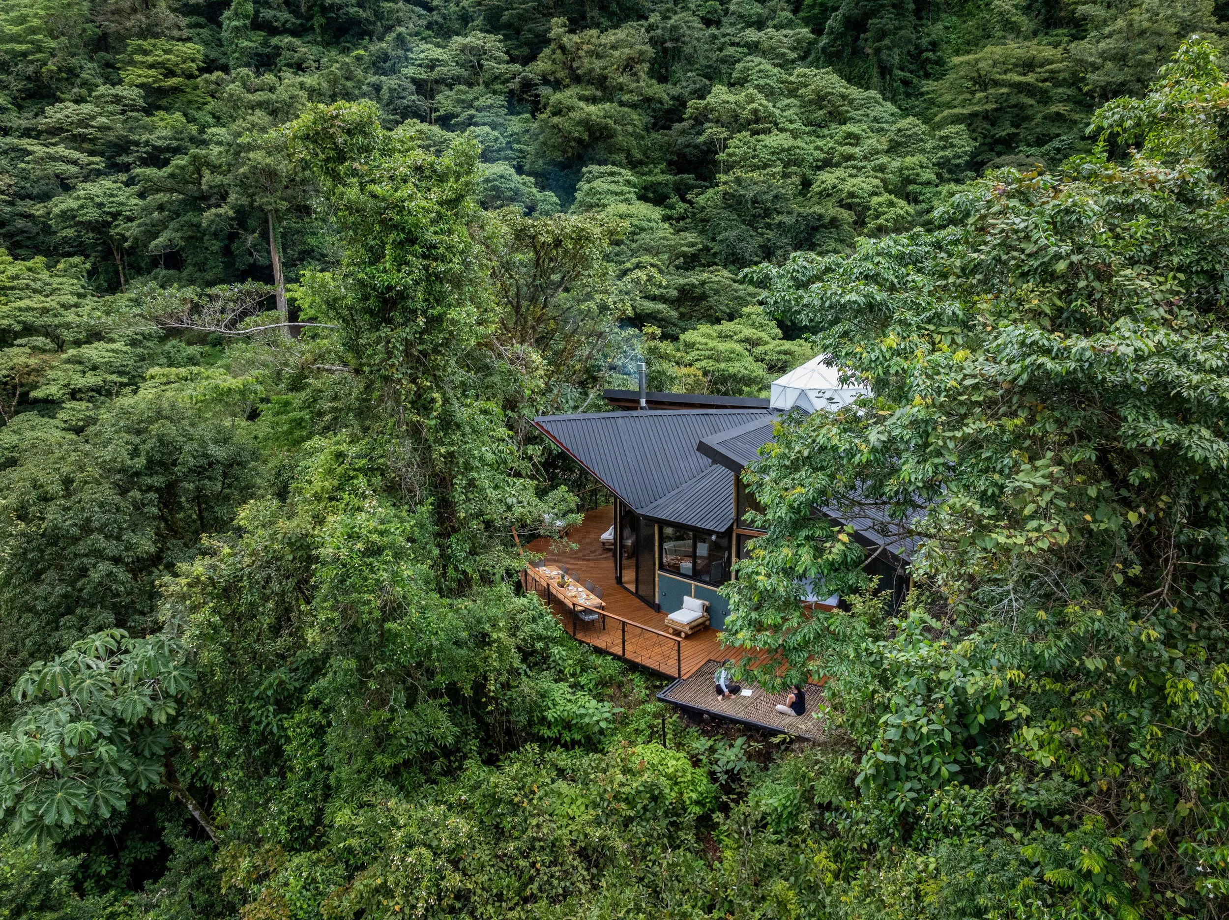 A house with large windows and a deck is nestled among dense green trees in a forested area, with two people sitting on the deck having a conversation.