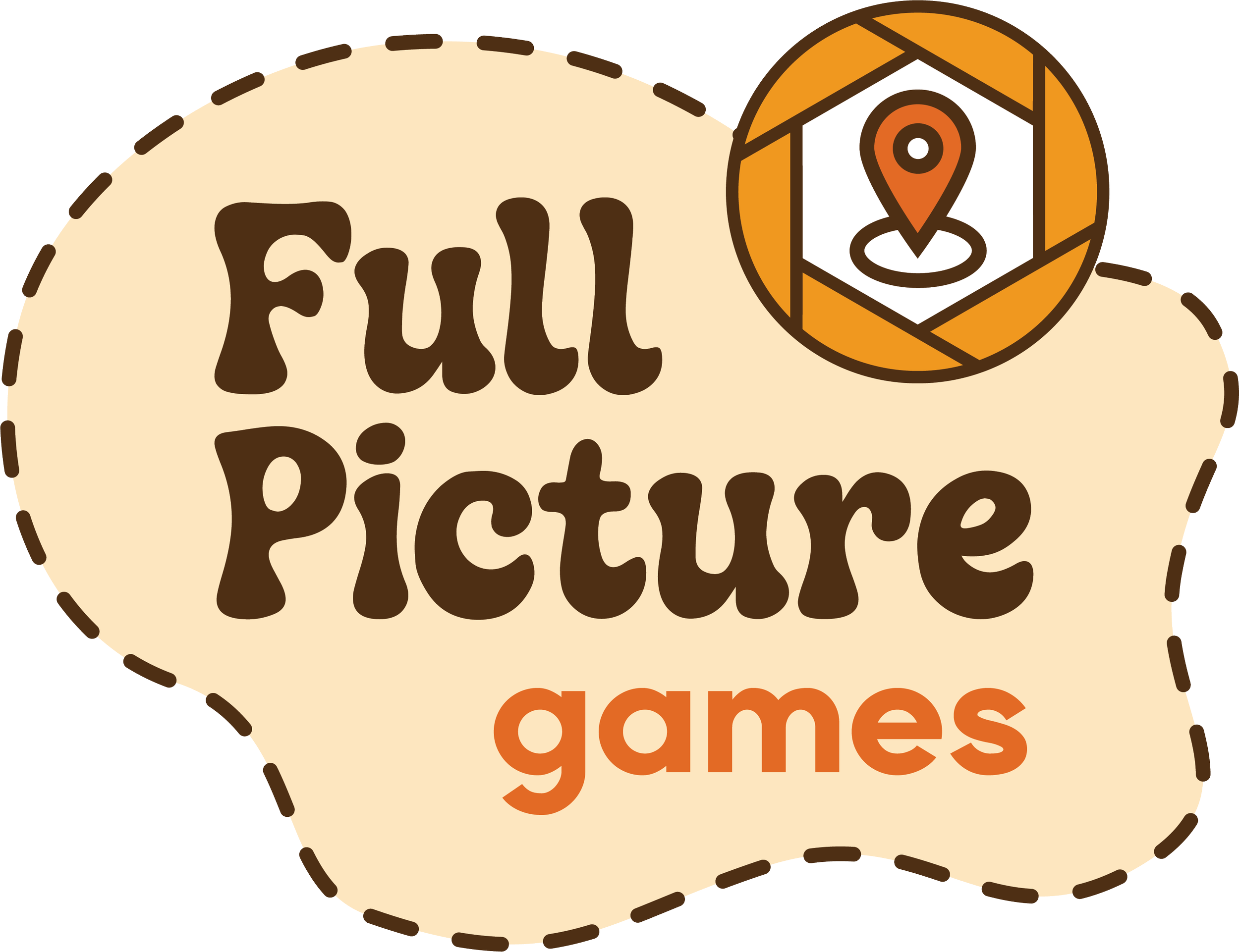 A circular sticker with a brown dashed border, featuring the text 'FILL' at the top and 'distribute' in dark brown and orange colors, along with a graphic of a house with a location pin inside it.