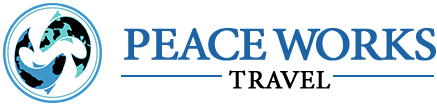 Peace Works logo featuring a stylized earth with a dove.