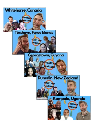 Four signs featuring diverse groups of people, each labeled with a different city and country, with the words 'Streetview Gameshow' and a colorful logo.