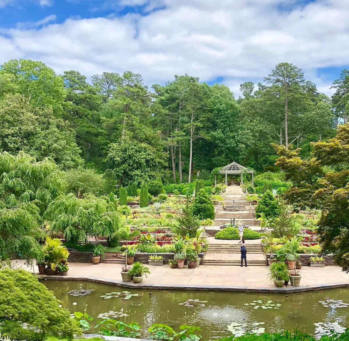 A lush green garden with stairs leading to a white gazebo on a hill, surrounded by trees and potted plants, with a pond in the foreground and person walking.