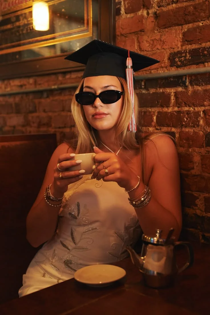 A woman wearing a graduation cap and sunglasses holding a teacup in a cozy café with a brick wall background.