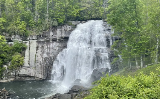 A waterfall flowing over rocks into a body of water surrounded by greenery.