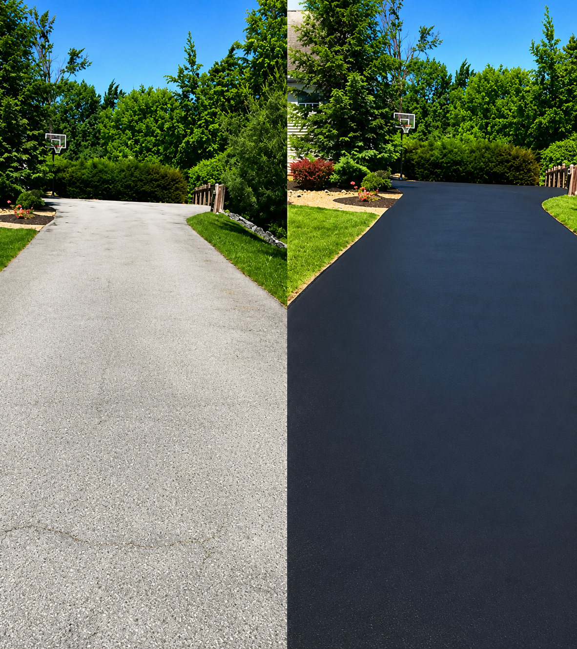 Side-by-side comparison of a driveway before and after being paved. The left side shows a light-colored, cracked concrete driveway, and the right side shows a smooth, black asphalt driveway surrounded by green grass and trees under a blue sky.