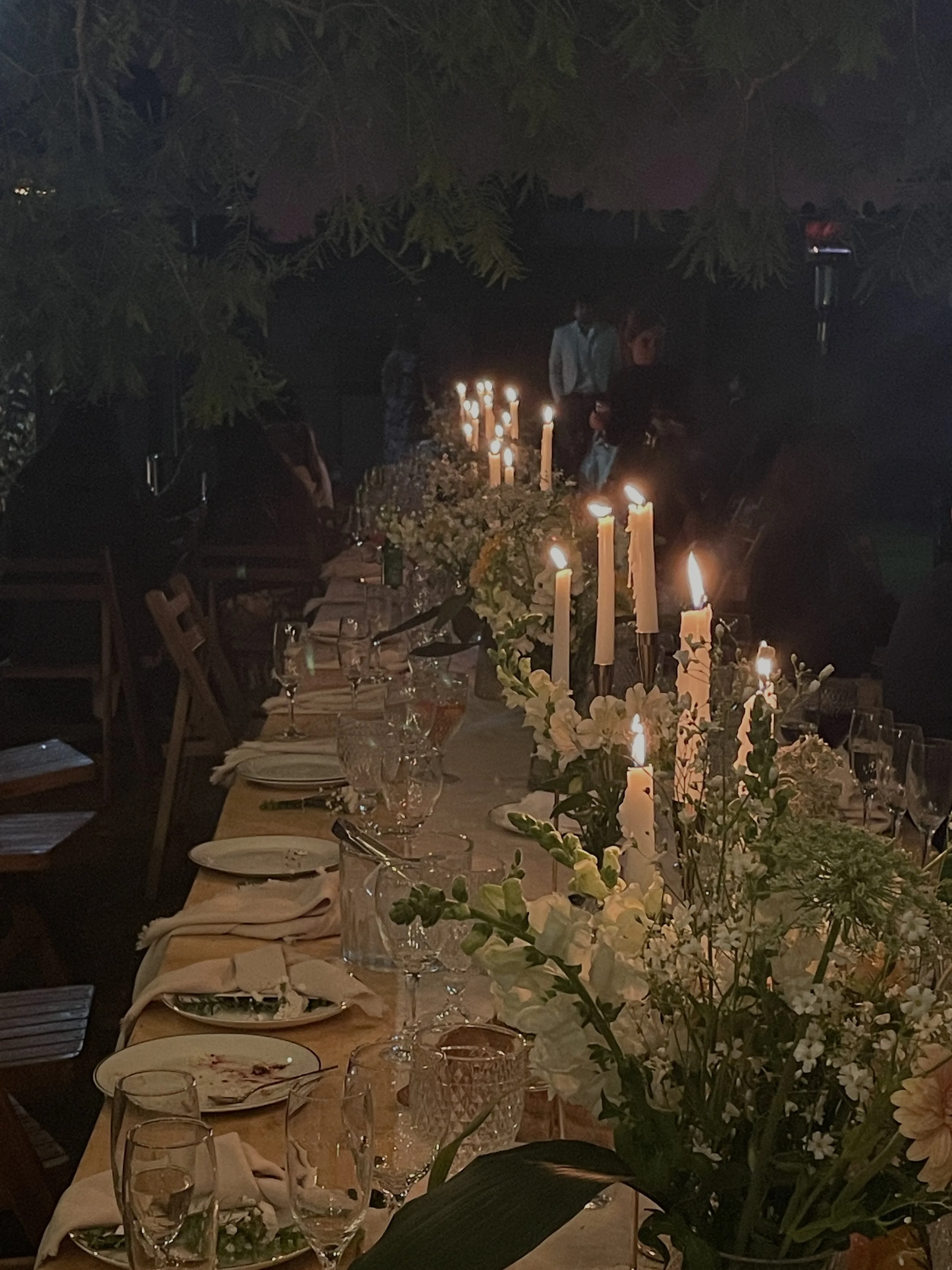 A dinner table set with plates, glasses, cutlery, and floral centerpieces. Candles provide warm light. People are standing and chatting outdoors in the background with trees and a dark sky.