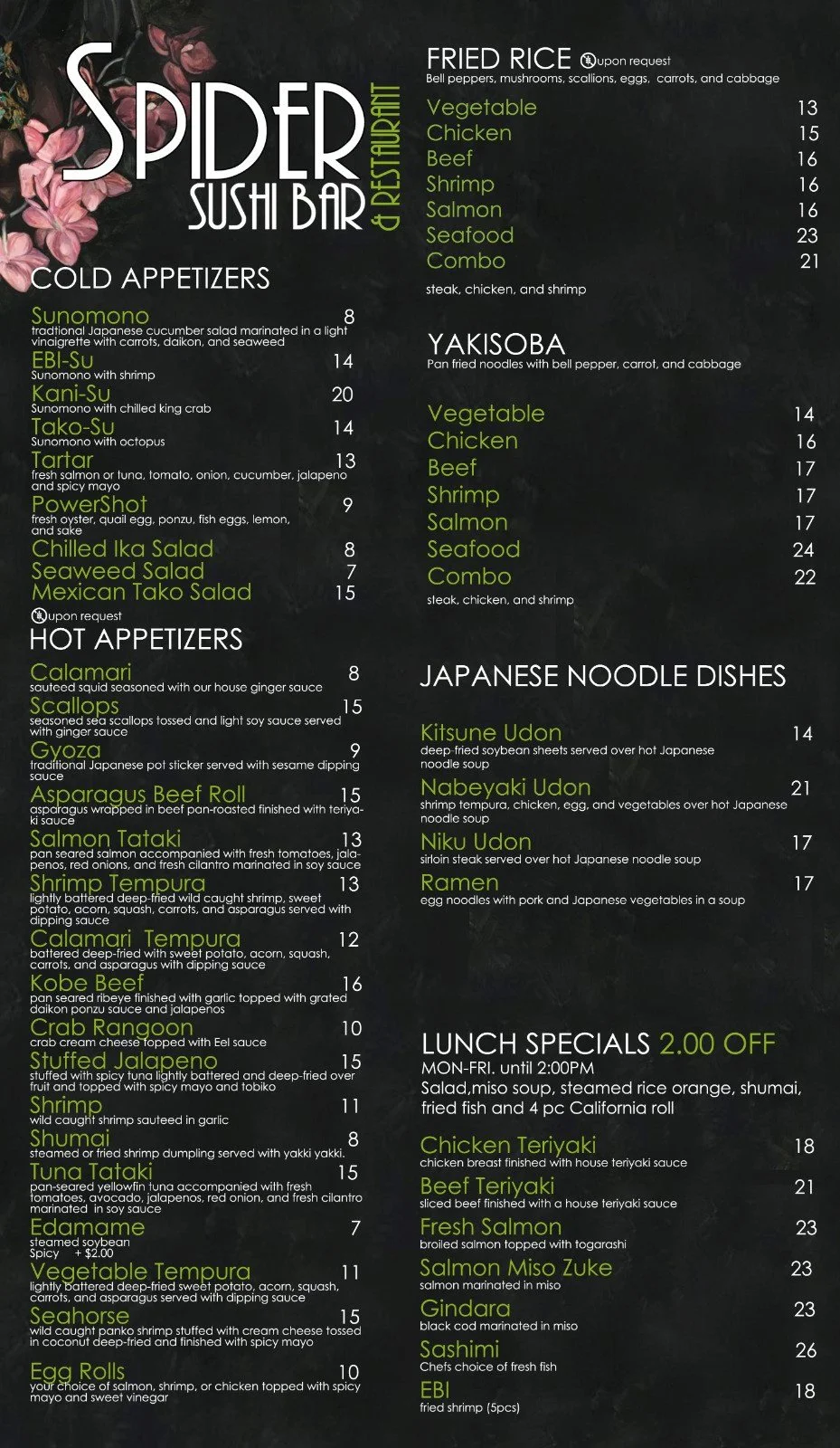Menu displaying various sushi, appetizers, noodle dishes, and lunch specials at Spider Sushi Bar & Restaurant, with items like vegetable and chicken dishes, cold and hot appetizers, Japanese noodle dishes, and lunch specials with prices.