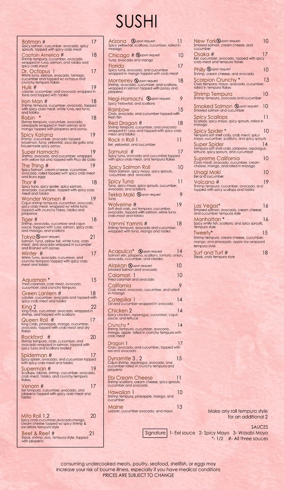 A menu titled 'SUSHI' listing various sushi dishes with their prices and descriptions.