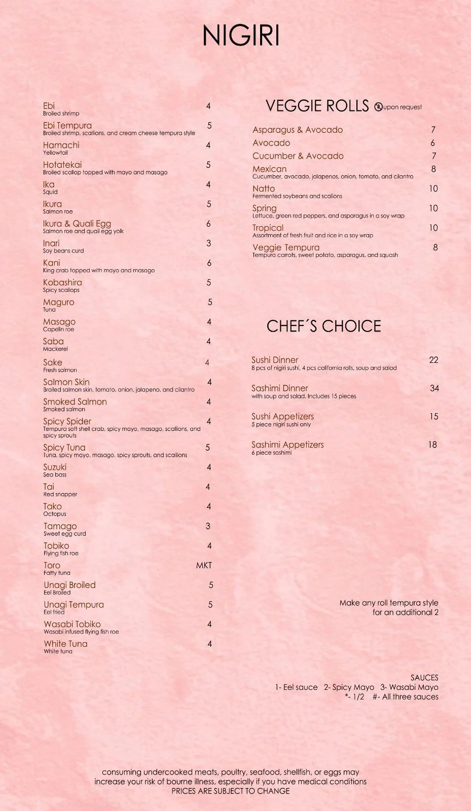 Menu with various Japanese dishes including sushi, sashimi, and tempura, alongside a list of nigiri and veggie roll options.