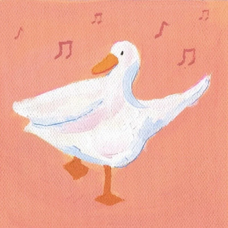 Watercolor painting of a smiling white duck singing with musical notes in the background on a pinkish-orange background.