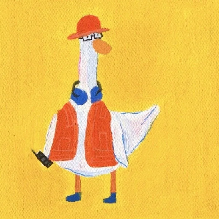 Cartoon duck wearing glasses, a red hat, a red vest, blue shoes, and a red bow tie, standing against a yellow background.