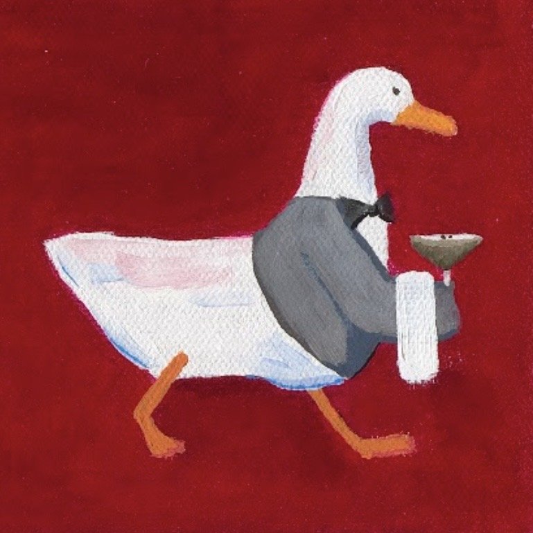 A painting of a goose dressed in a tuxedo, carrying a tray with a cocktail, set against a red background.