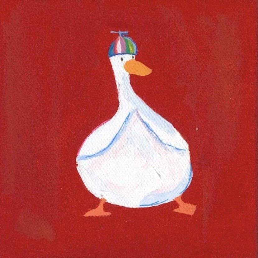A cartoon goose wearing a colorful umbrella hat standing against a red background.