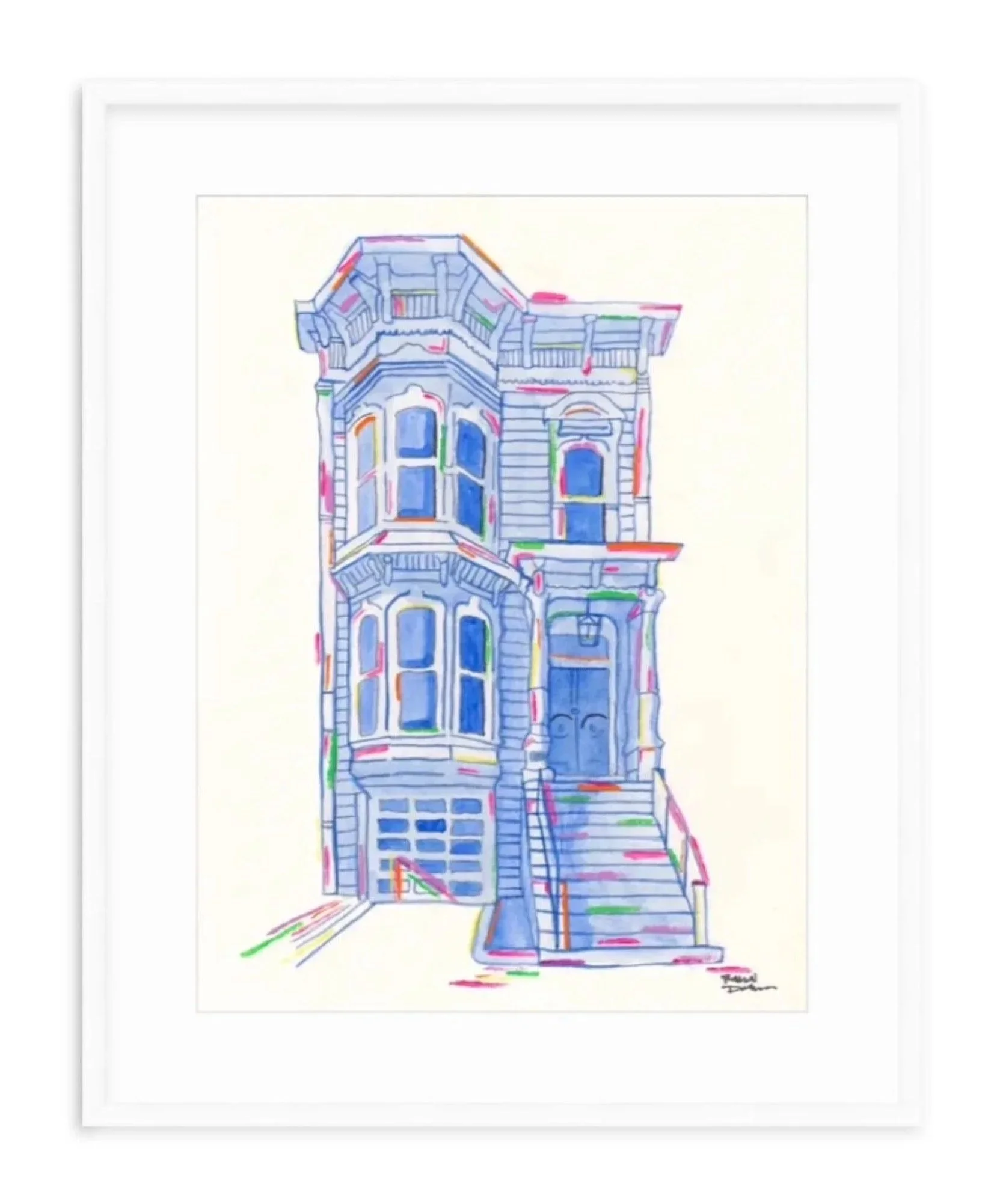 Colorful sketch of a Victorian-style house with multiple stories and a porch, drawn with blue, green, pink, and orange lines on a white background.