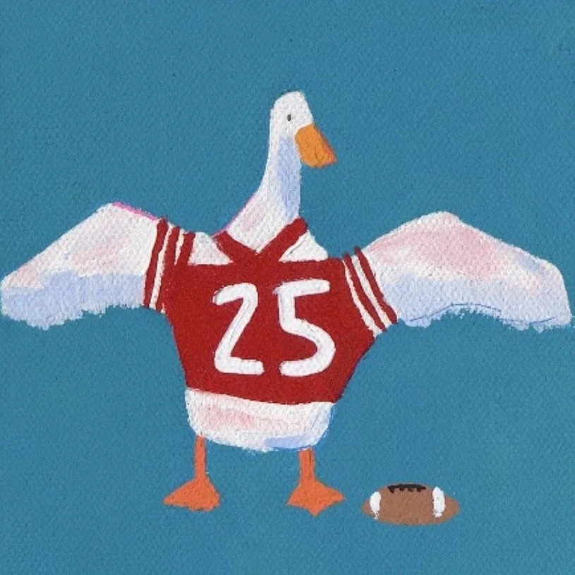 A painted illustration of a duck wearing a red sports jersey with the number 25, standing next to a football.