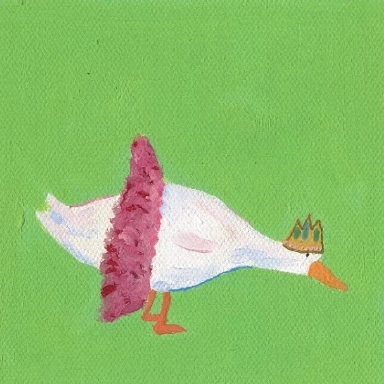 A colorful, childlike drawing of a bird with a crown, a pink fluffy scarf, and an orange beak on a green background.