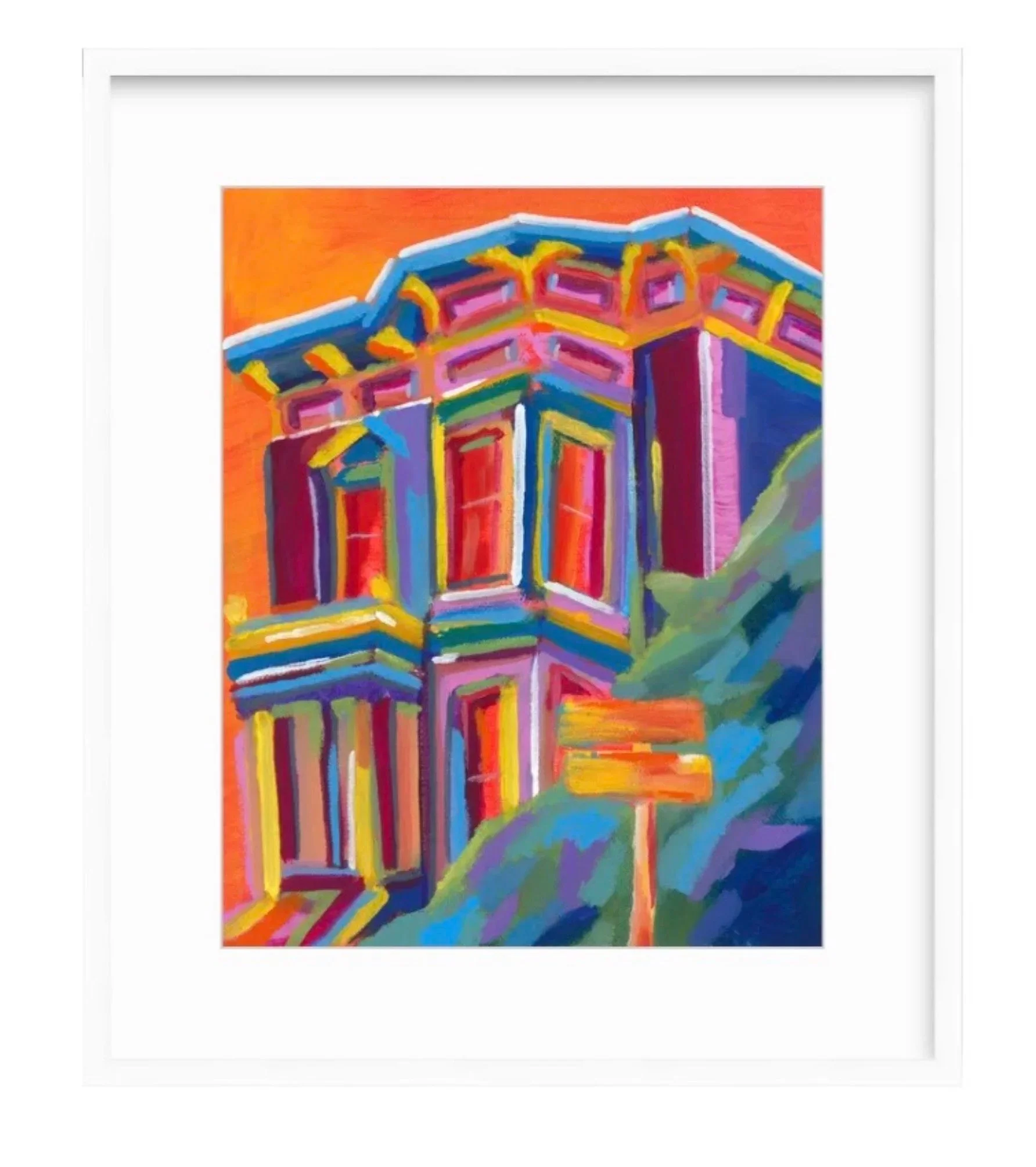 Colorful abstract painting of a temple door with vibrant hues of orange, blue, purple, yellow, and green, framed in white.