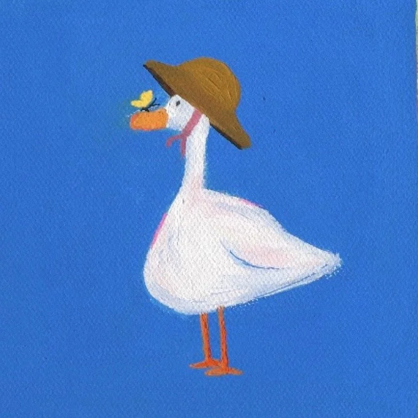Illustration of a white stork wearing a brown wide-brimmed hat and pink ribbon, with a yellow butterfly flying near its beak, against a blue background.