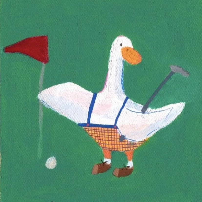 A cartoon duck wearing plaid shorts and suspenders, holding a golf club, standing on a green background with a red flag and golf ball.