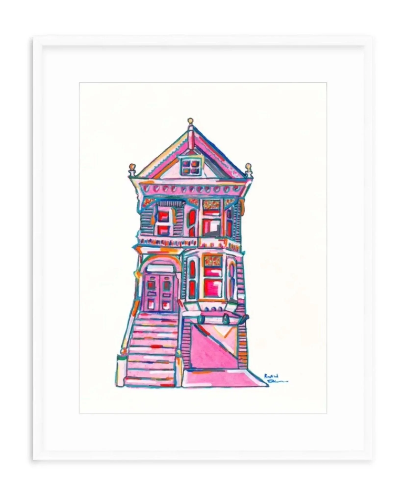 Colorful watercolor painting of a Victorian-style house with intricate details and vibrant pinks, blues, and reds.