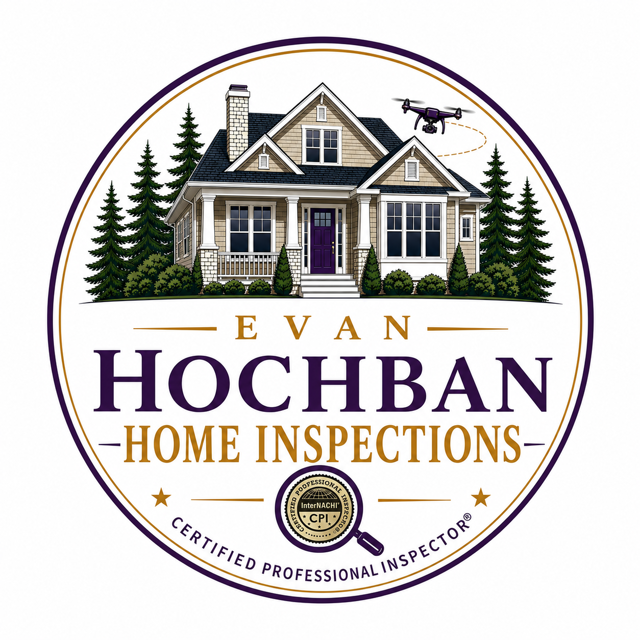 Logo for Evan Hochban Home Inspections featuring a large house with trees, a drone flying nearby, and text stating 'Evan Hochban Home Inspections' with a badge for certified professional inspector.