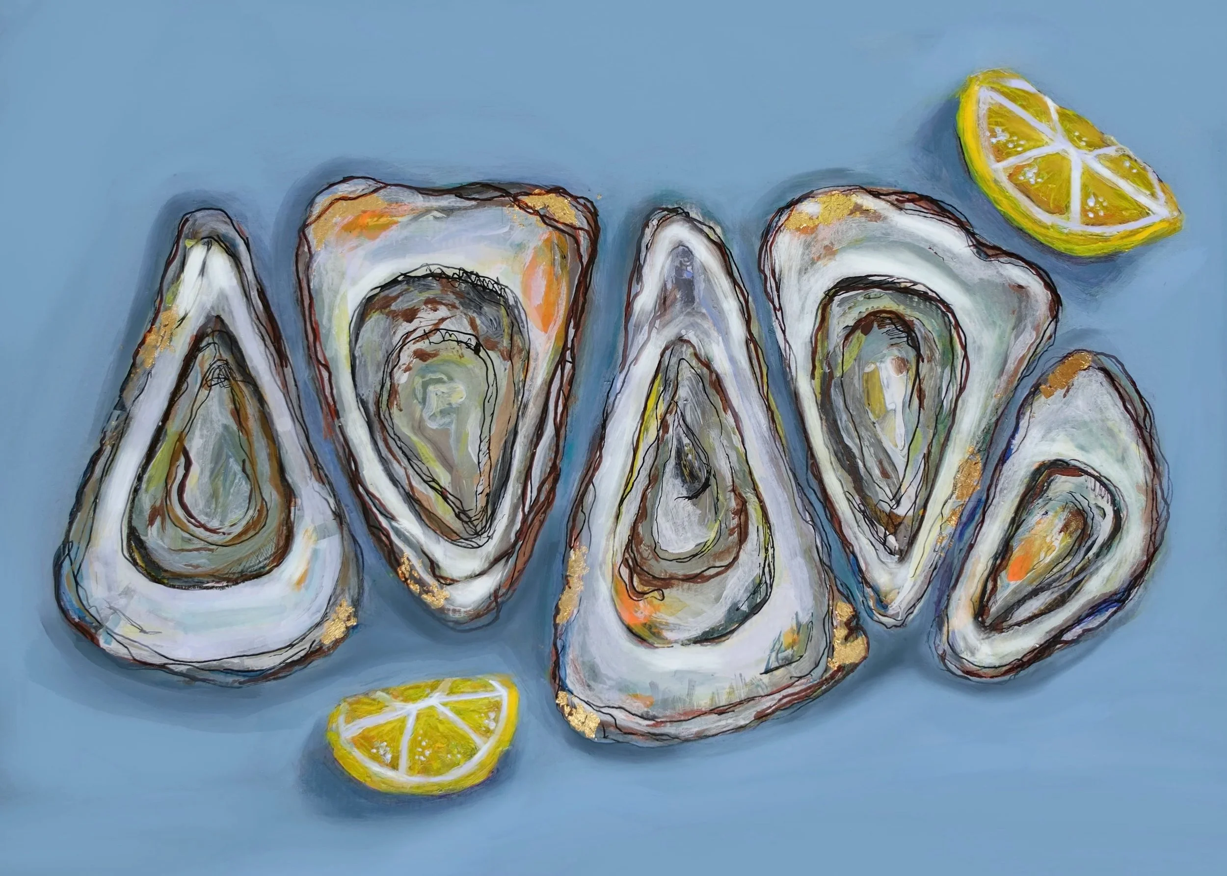 Painting of oyster shells on a light blue background, accompanied by lemon wedges.