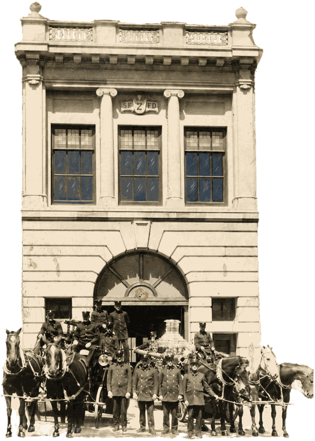 Firefighters and a horse-drawn steam engine outside the Engine 2 firehouse