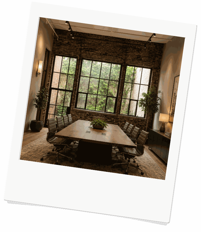 A long table set for a board meeting in a brick-walled room with a projection screen