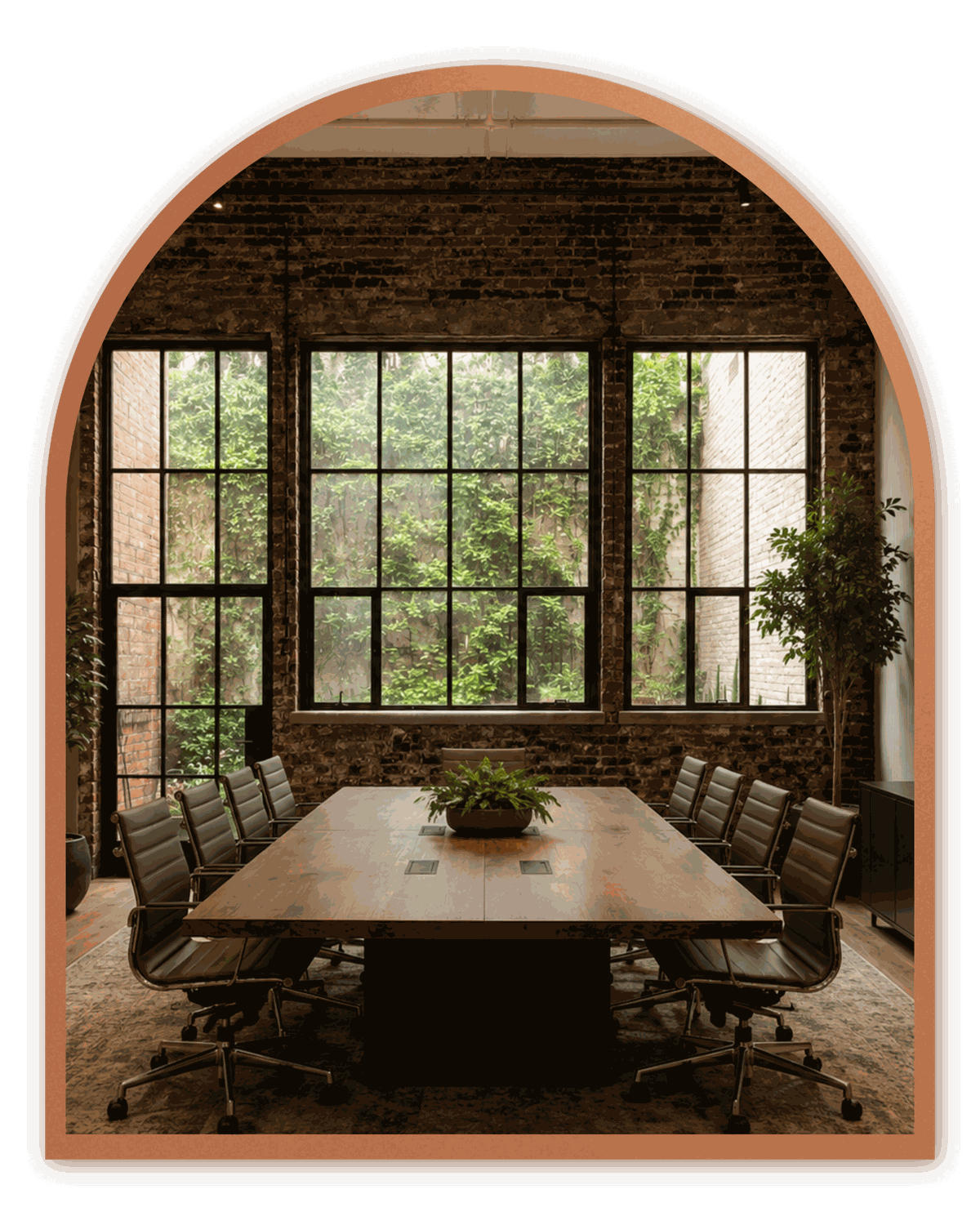 A long conference table with chairs in a brick-walled room with tall windows