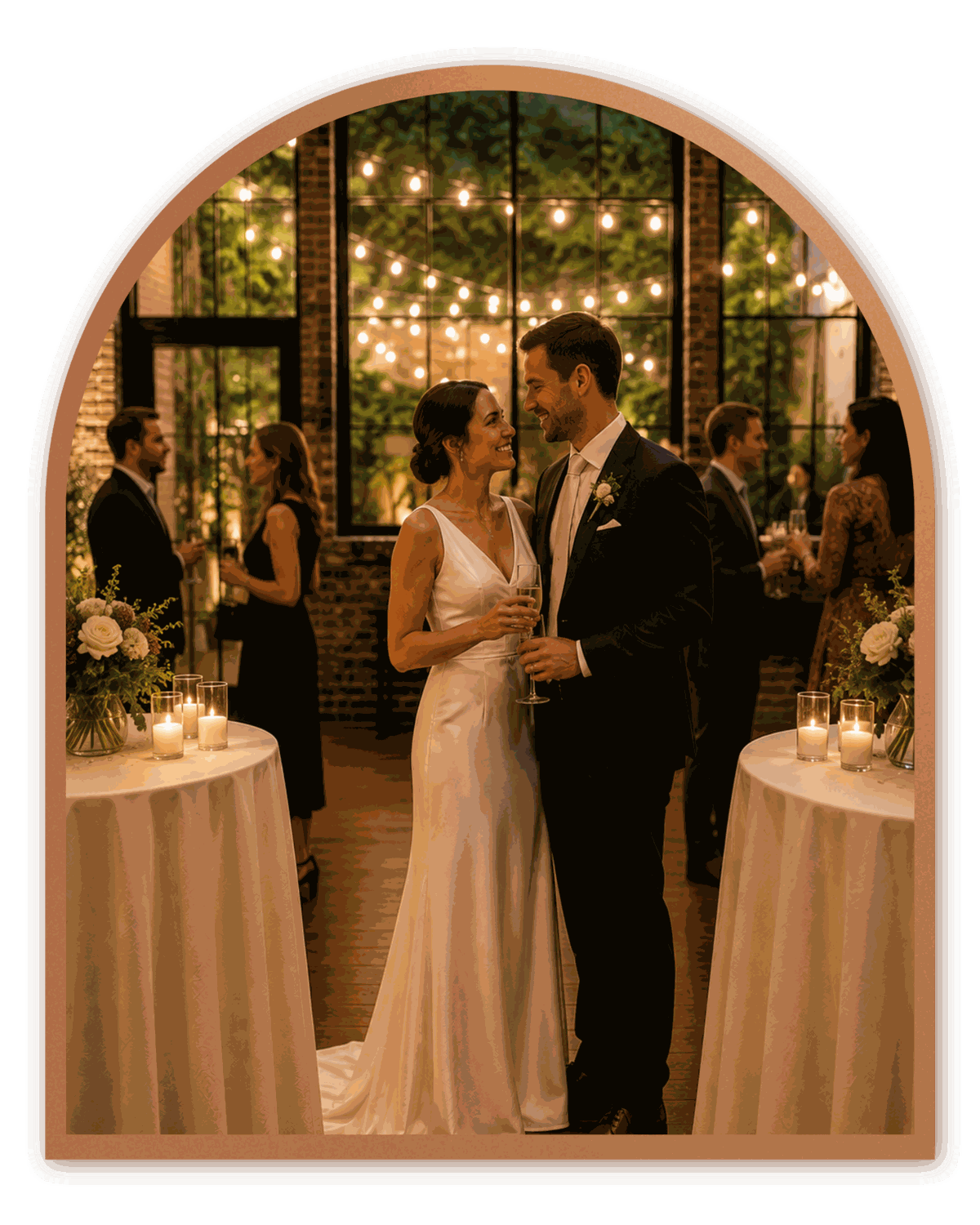 A couple with champagne at an evening reception in a brick-walled room
