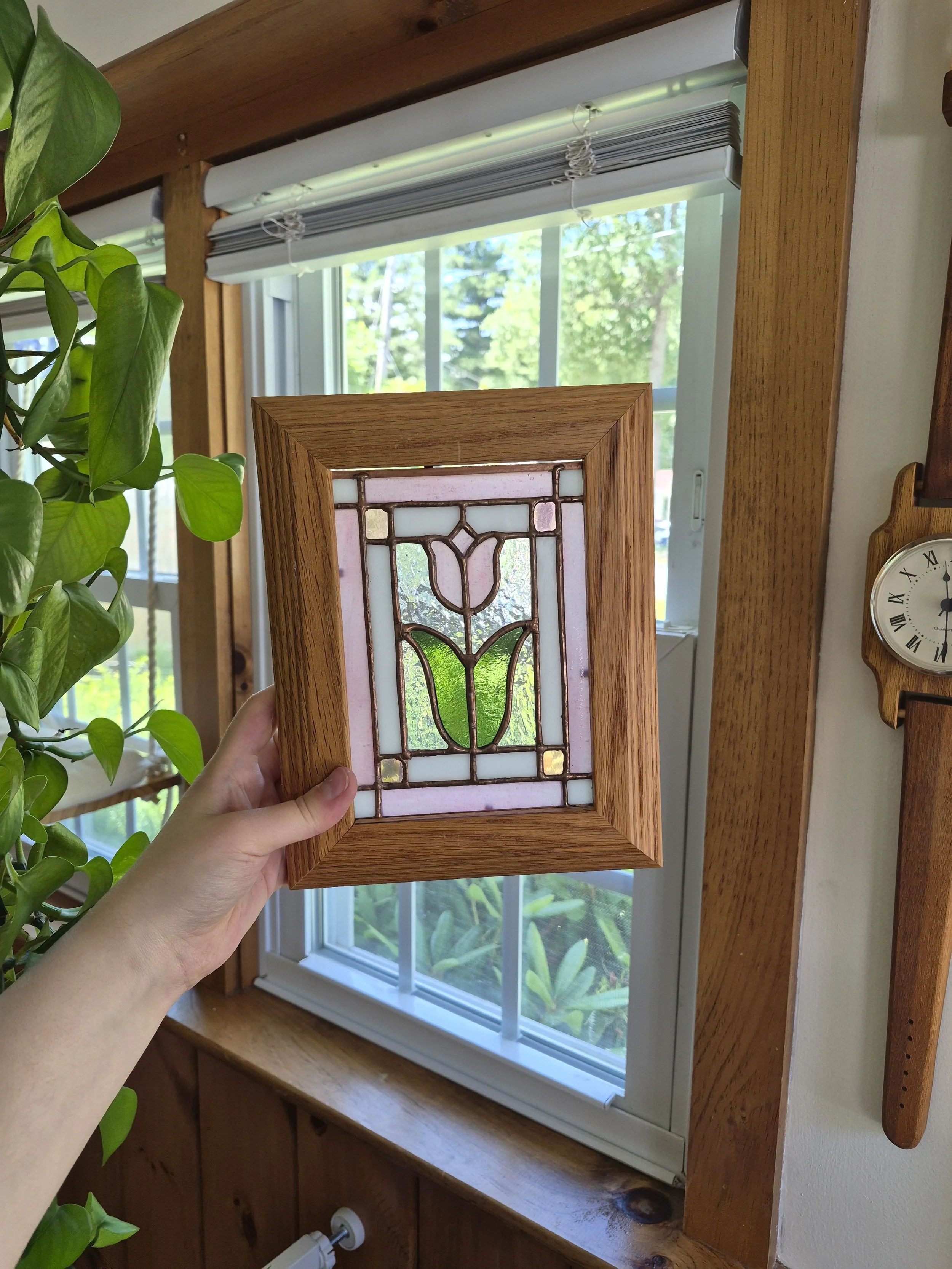 Pink Tulip Stained Glass in Frame